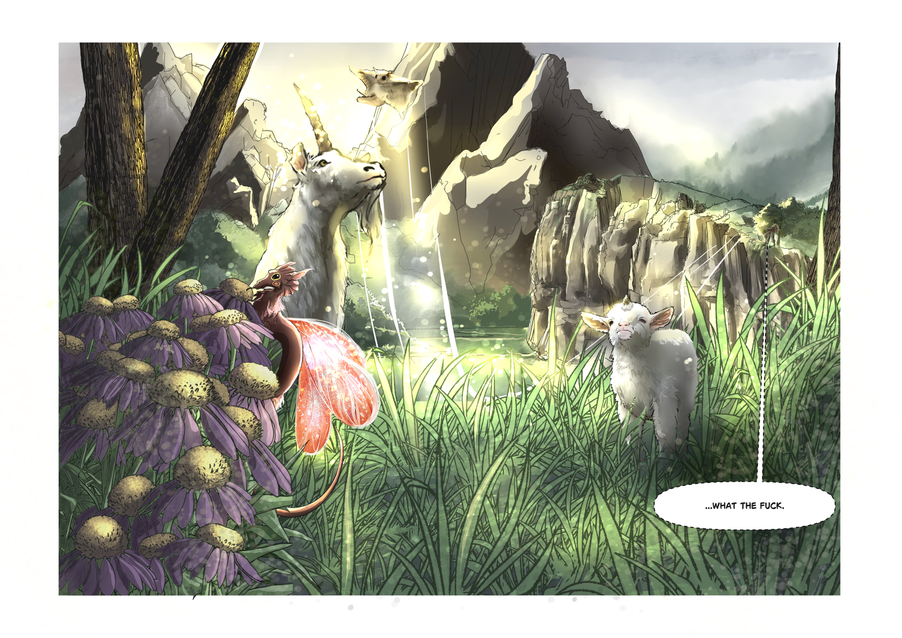 FaerieTales Issue 3, page 28. [Dragons and unicorns and and coneflowers, oh my! I just can't quit the Oz jokes.]
